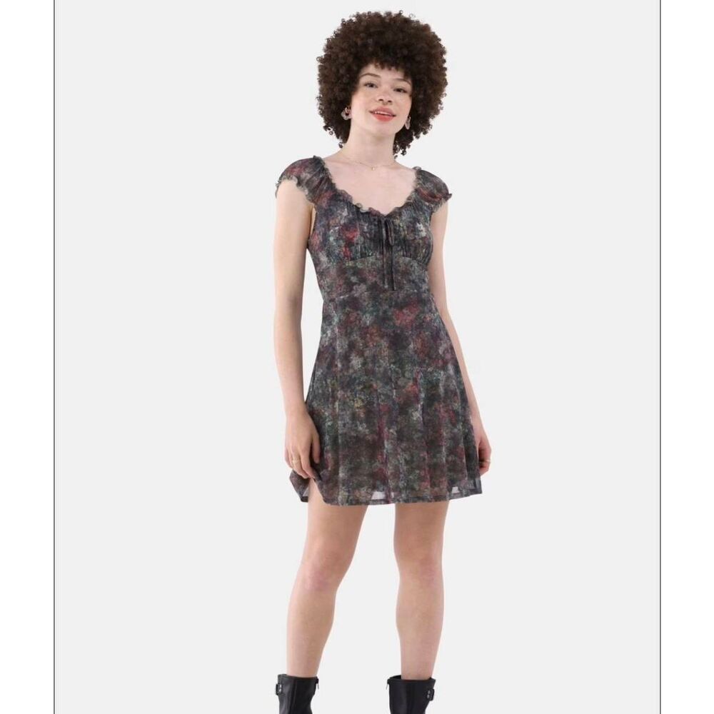 No Boundaries Painterly Mesh Overlay Babydoll Ruffle Mini Dress Sz. Jr. S